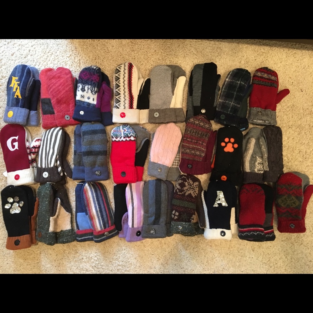 Wool sweater mittens with a colorful fleece lining
